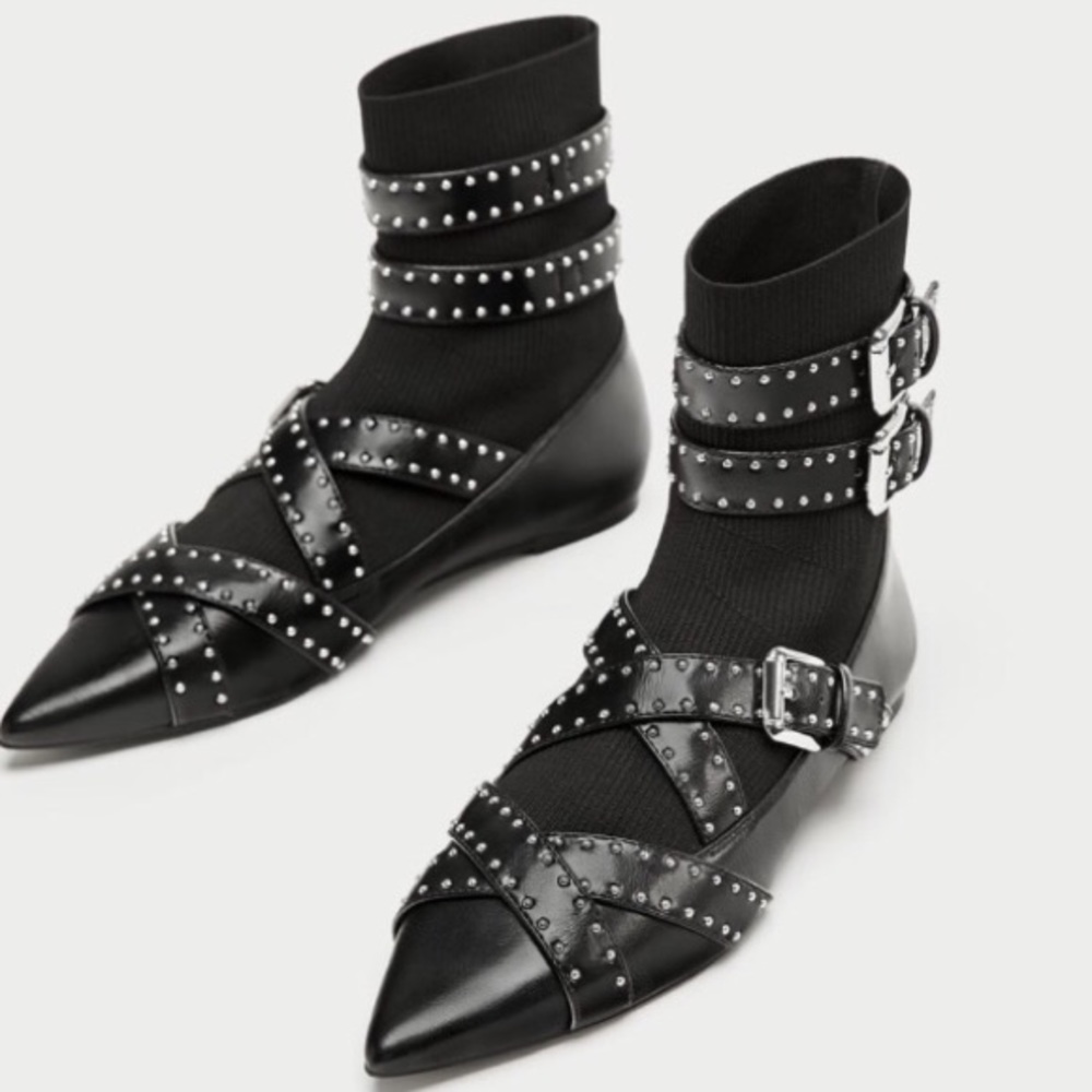 COPY - ZARA SZ 6.5 BUCKLED FLAT SOCK ANKLE BOOTS
